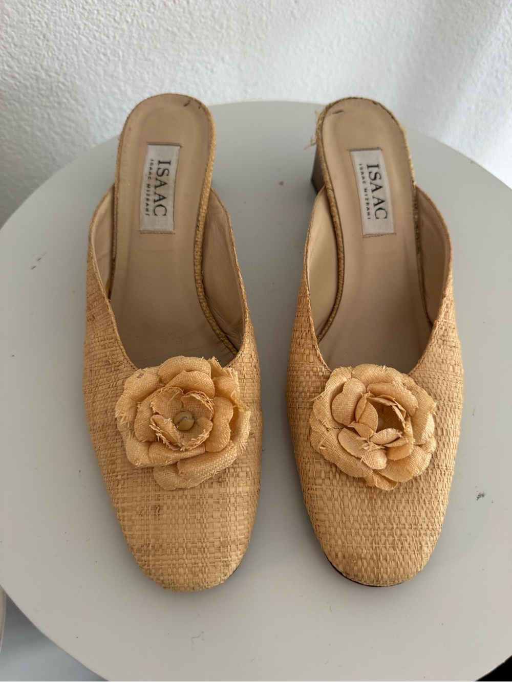 Isaac Mizrahi Creamy Yellow Raffia Floral Slip-On Mules